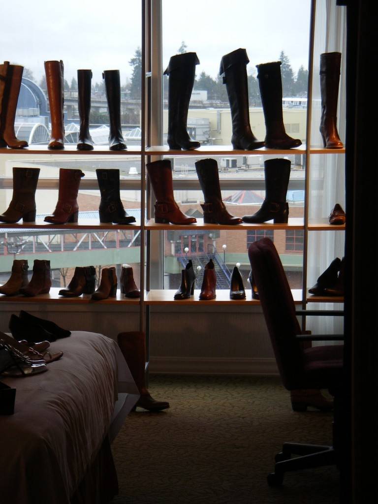 Boots in a window at Western Canadian Shoe Association's Footwear Buying Market.