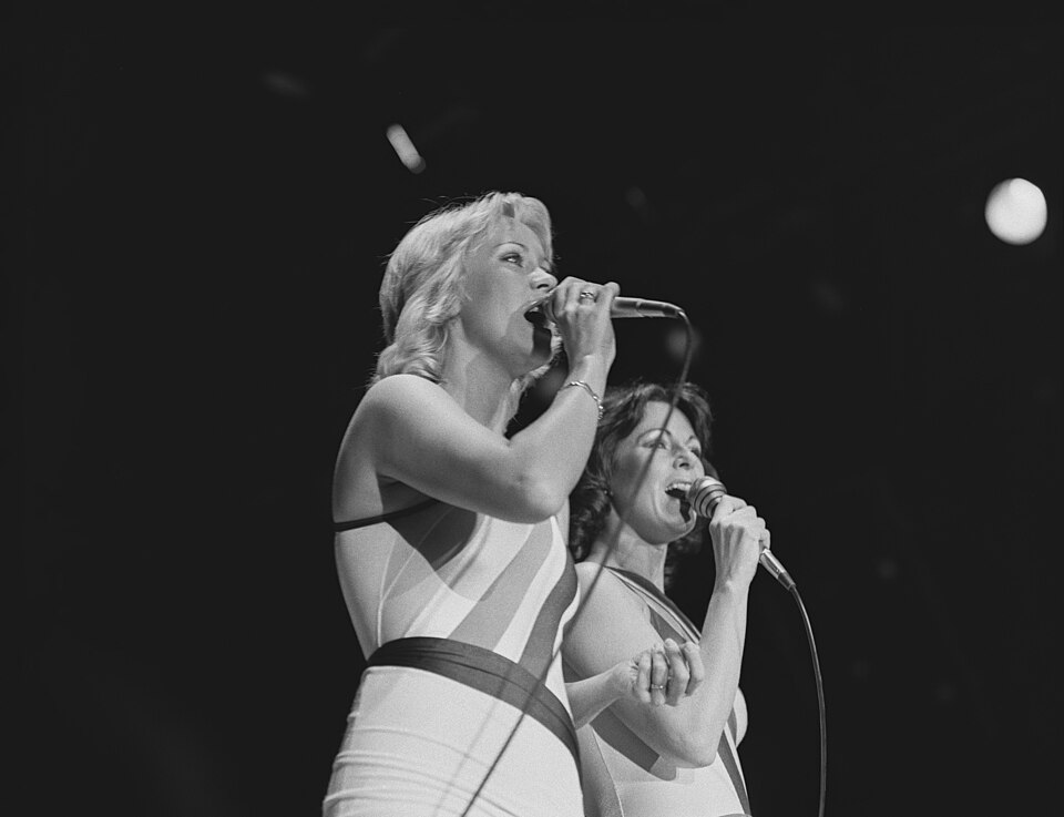 Agnetha Fältskog and Anni-Frid Lyngstad of ABBA performing in Gothenburg in 1979