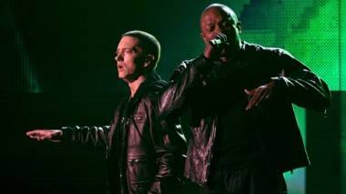 onstage during The 53rd Annual GRAMMY Awards held at Staples Center on February 13, 2011 in Los Angeles, California. Eminem and Dr. Dre onstage during the 53rd Annual Grammy Awards, Staples Center Los Angeles, Feb 13, 2011.