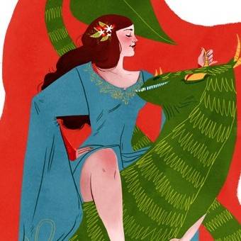 Illustration of a woman confronting a green dragon by Emily Carroll