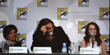 Dinklage Momoa Clarke Peter Dinklage, Jason Momoa and Emilia Clarke at the Game of Thrones panel, San Diego Comic-Con, July 21 2011.
