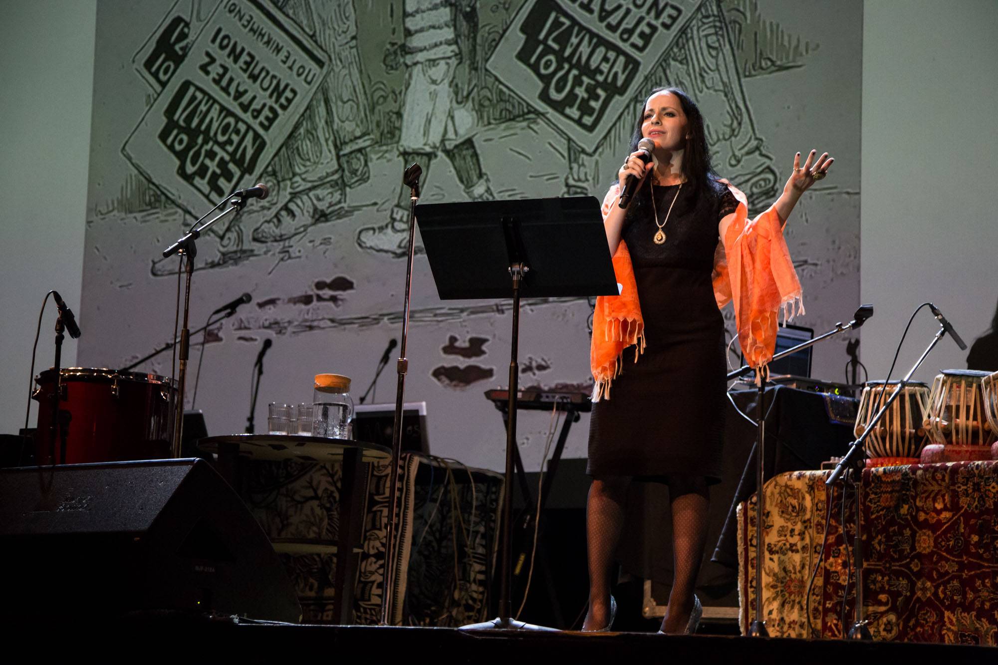 Molly Crabapple speaking at the Vogue Theatre, Vancouver, July 15 2017. Kirk Chantraine photo.