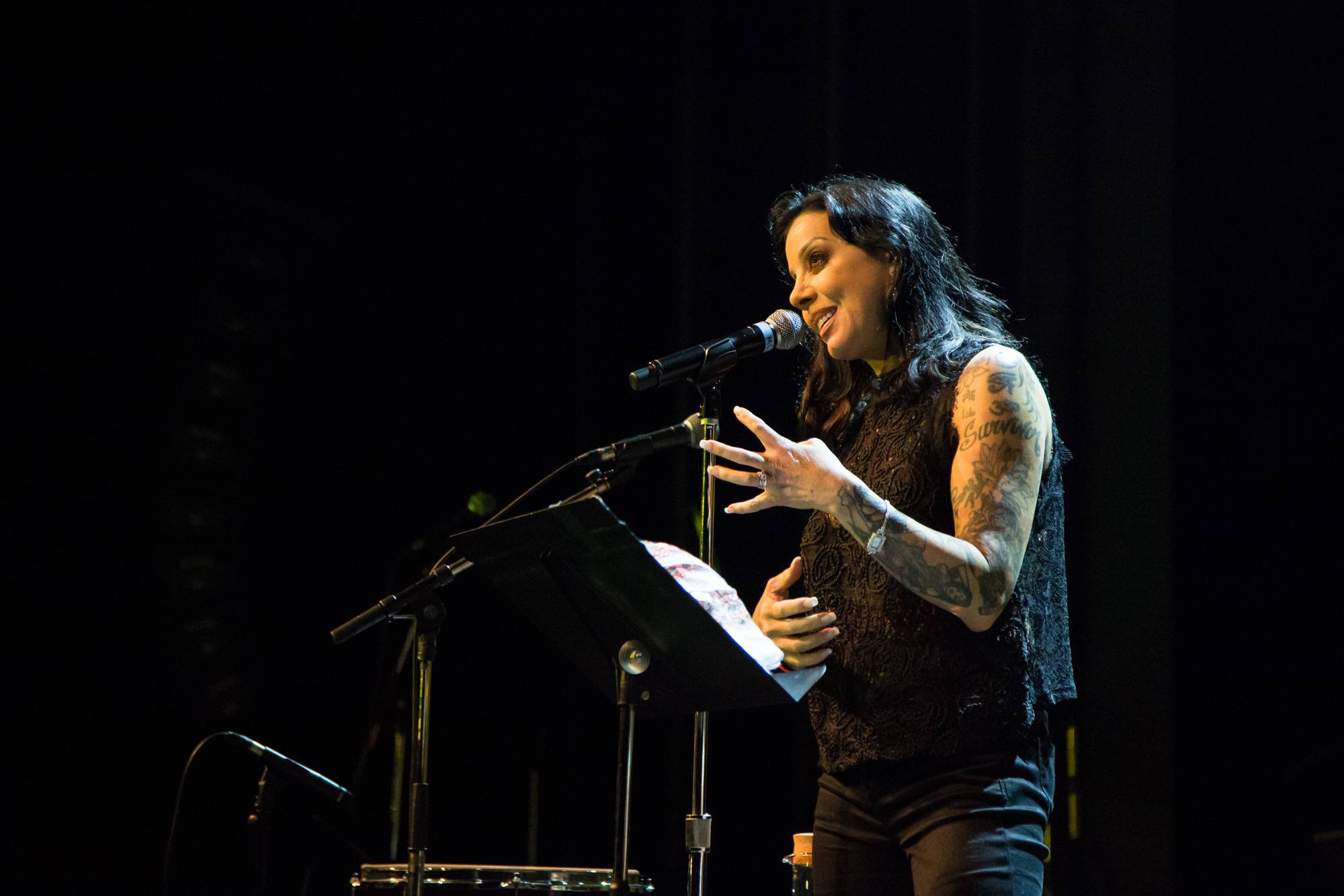 Bif Naked speaking at the Vogue Theatre, Vancouver, July 15 2017. Kirk Chantraine photo.