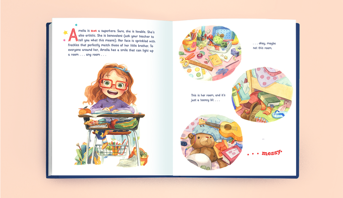 Mock up of a book with illustrations of a young girl.